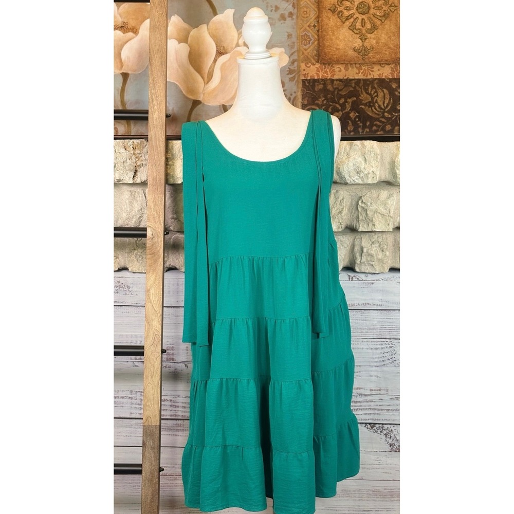Jodifl Teal Green Tiered Tie Shoulder Sleeveless Shift Dress Womens Small - Picture 2 of 9